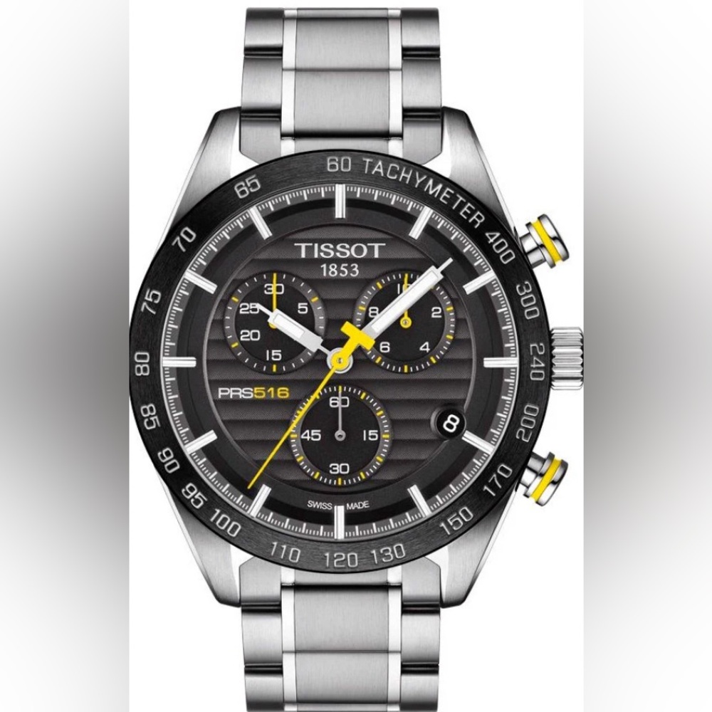Tissot PRS 516 Chronograph Black Dial Silver Steel Strap Watch For Men
